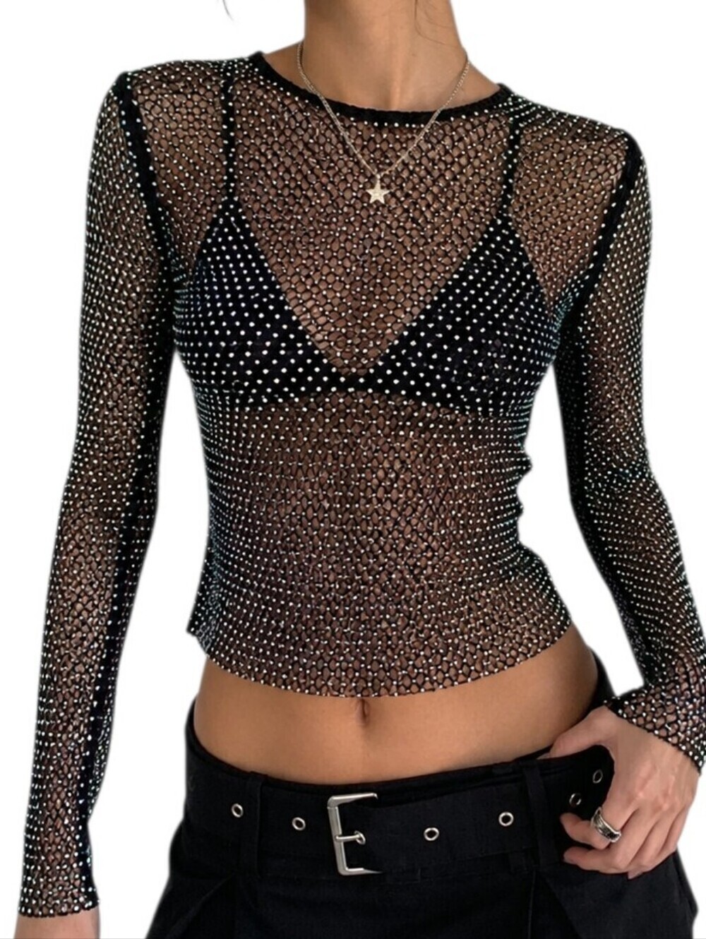 Rachel Zoe Fishnet Top Women Small Black Rhinestone Y2K